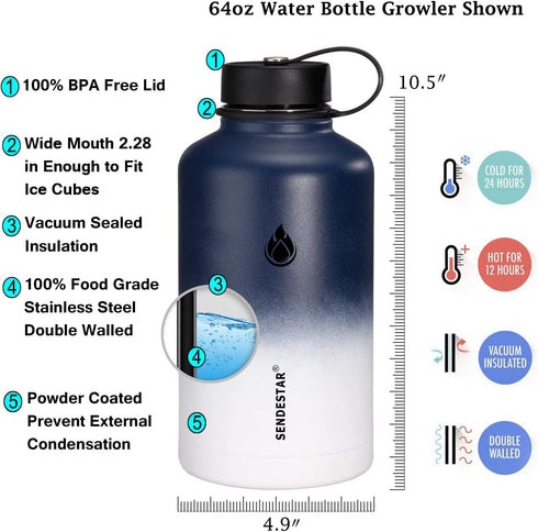 SENDESTAR Stainless Steel Water Bottle, 2 or 3 Lids(32 oz,40 oz,64oz), Double Wall Vacuum Insulated Leak Proof, Wide Mouth Water bottle with Straw Lid, Spout Lid, Keep Liquids Hot or Cold