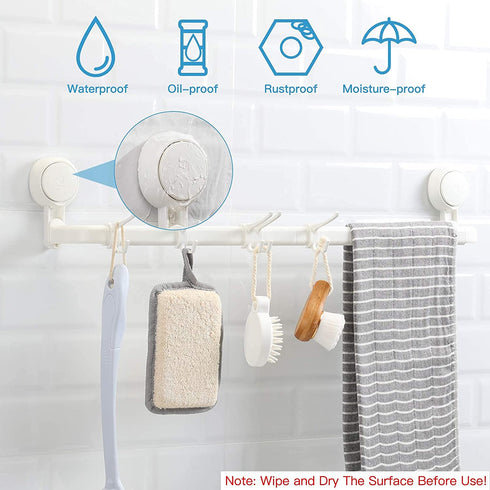 Avolare Suction Cup Towel Bar, Adjustable 24 Inches Towel Holder for Bathroom, Drill Free Removable Wall Mount Towel Rack with 5 Sliding Hooks, Hand Towel Hanger for Kitchen, Toilet, Shower, Door