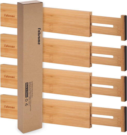 Drawer Dividers Pack of 4, Adjustable Bamboo Clothing Drawer Organizers Spring-loaded, Durable Expandable Organization Separators for Dresser, Kitchen, Bedroom, Bathroom, Office, 13.25-16.75 in