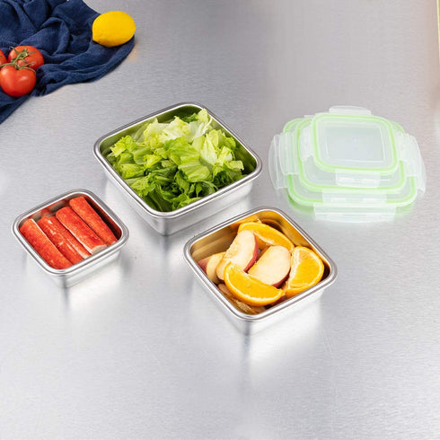 304 Stainless Steel Square Food Storage Lunch Box Containers Eco-Friendly & Reusable Snack Food Leak Proof Nesting Containers for Kids & Adults | Set of 3 Metal Lunch Sandwich Container, Snack Boxes