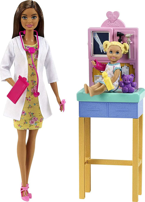 Barbie Pediatrician Playset, Brunette Doll (12-in), Exam Table, X-ray, Stethoscope, Tool, Clip Board, Patient Doll, Teddy Bear, Great Gift for Ages 3 Years Old & Up , White