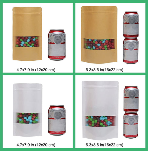 100 Pcs Kraft Stand Up Pouch with Window 6.3 x 8.6 in Brown Zip Lock Stand Up Bags, Reusable, Heat-Sealable for Home or Business