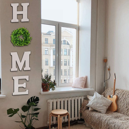 Flexzion Rustic Wooden Wall Hanging Home Decor Sign, Cutout Block Letters Weathered Wood with Plant Leaf Flower Circle Ring Wreath, Pediment Alphabets Plaques for House Decoration, White