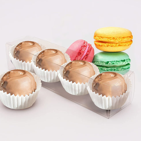 PAKIPER Chocolate Macaron Gift Boxes with Inserts,50 PCS Clear PET Plastic Gift Favor Boxes Candy Cookies Treat Boxes for Christmas,Wedding,Baby Birthday Party 6.3"x1.5"x1.4"