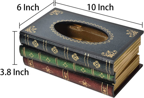 Crafted Classical Retro Wooden Antique Book Tissue Box Cover Rectangular Tissue Holder Dispenser Paper Cover Case Napkin Holder Home Decor for Bathroom Living Room Office car Kitchen (Dark Green)