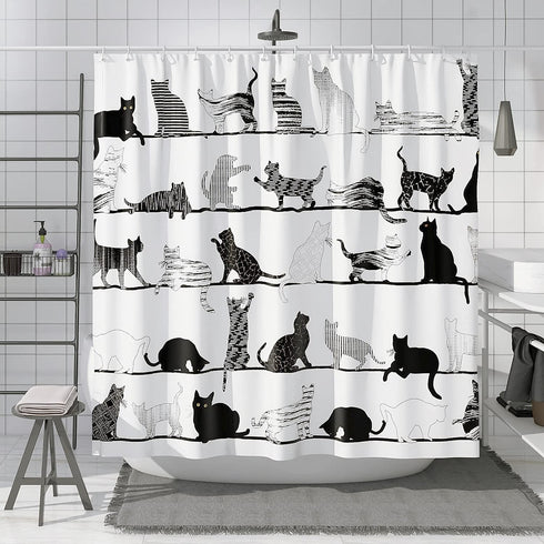 DESIHOM Funny Cat Shower Curtain Animal Black and White Shower Curtain Cartoon Fun Novelty Shower Curtain Polyester 72x72 Inch