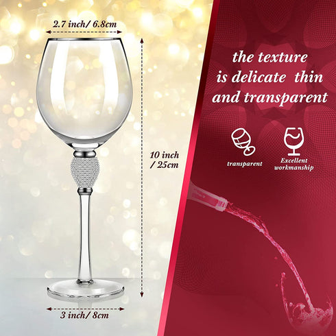 2 Pieces Rhinestone Red Wine Glass with Rim Tulip Shaped Diamond Wine Glasses Long Stem Glassware for Wedding, Parties, Anniversary (Silver)