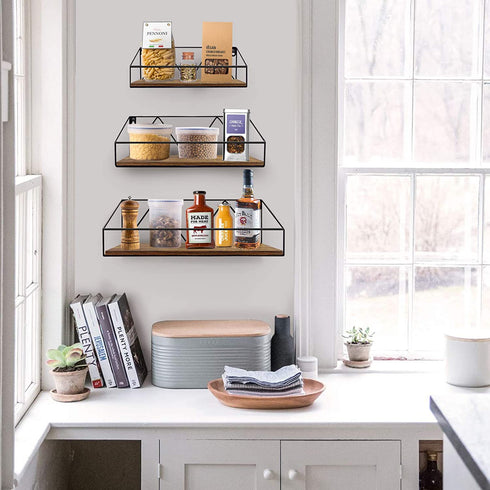 PETAFLOP Floating Wall Shelves Set of 3, Rustic Wood Storage Shelf for Bathroom, Bedroom, Kitchen, Living Room ¦