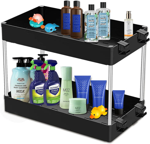 Under Sink Organizer Under Bathroom Sink Storage 2 Tier Organizer Under Sink Shelf Organizer Black Countertop Storage Shelf With Hooks Under Cabinet Shelf Organizer Bathroom Kitchen