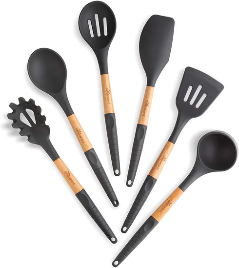 Silicone Cooking Utensils Set (6 pcs): Natural Wood Kitchen Utensils Eco Friendly & BPA Free, Non Scratch & Non Stick Easy Grip Cooking Tools