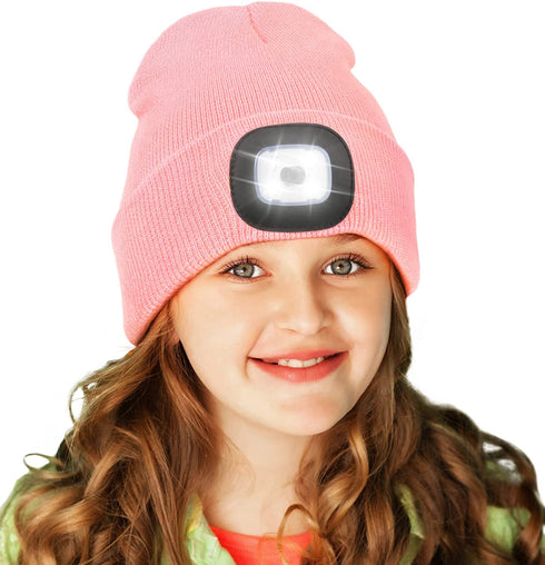 Beanie Hat with Light for Kids, USB Rechargeable Hands Free LED Headlamp Cap Winter Knitted Night Lighted Hat Flashlight