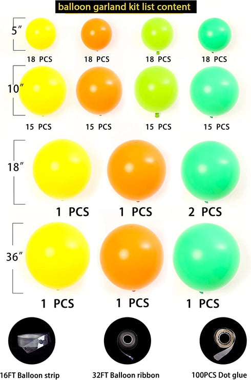 142Pcs DIY Balloon Garland Arch Kit with Green Balloons,Orange balloons,Yellow Balloons for Baby shower Bridal Shower Prom Wedding Graduation Birthday Party Decorations