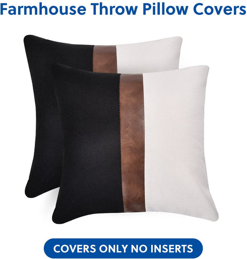 HOMFINE Farmhouse Throw Pillow Covers 18 x 18 - Decorative Accent Pillow Cover Set of 2 , Modern Decor Faux Leather Patchwork Square Cushion Pillow Case for Couch Sofa, Black