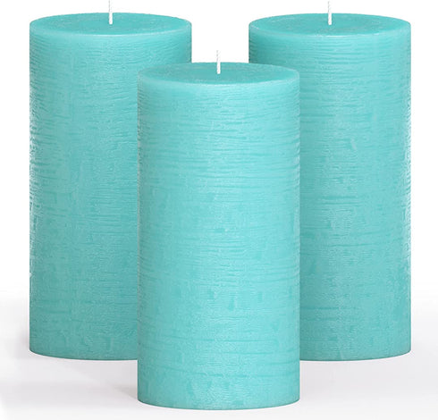 CANDWAX 3x6 Pillar Candles Set of 3 - Decorative Rustic Candles Unscented and No Drip Candles - Ideal as Wedding Candles or Large Candles for Home Interior - Turquoise Candles