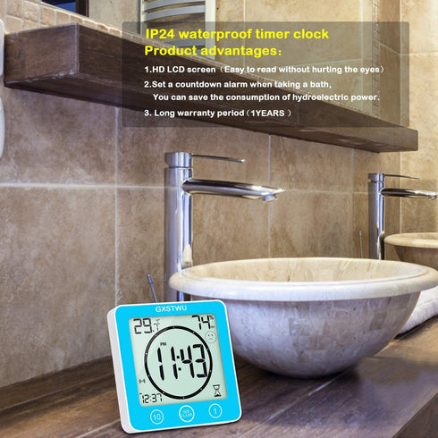 GXSTWU Digital Timer Shower Clock Waterproof?Waterproof for Water Spray? with Alarm, Bathroom Kitchen Wall Clock, Touch Screen Timer, Thermometer Hygrometer Suction Cup Hanging Hole Stand Magnet Blue