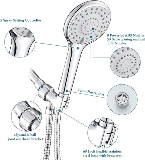 High Pressure Shower Head with Handheld, 5 Functions Shower Head Hand-held High Flow Handheld Shower Head with Hose, Bracket Rubber Washers