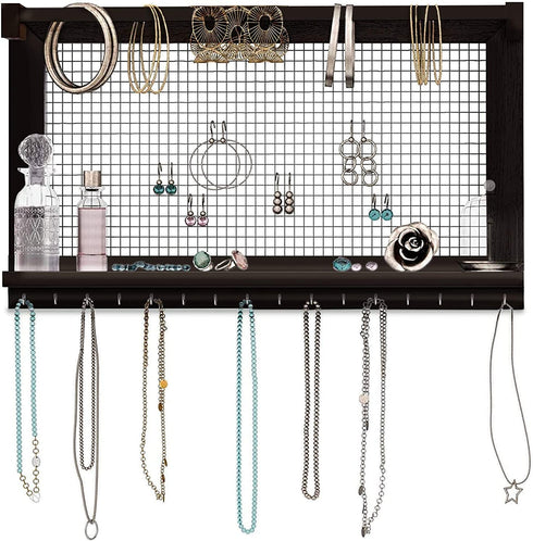Rustic Jewelry Organizer Wall Mounted Jewelry Holder with Removable Bracelet Rod, Shelf and 16 Hooks Perfect Earrings, Necklaces and Bracelets Holder Vintage Jewelry Display Dark Brown