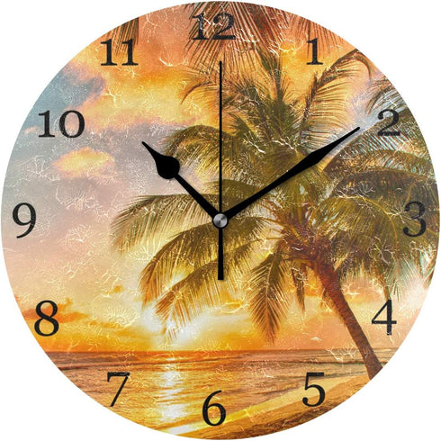 KUWT Palm Tree Wall Clock Silent Non-Ticking, Beach 9.5 Inch Round Wall Clock Battery Operated Hawaiian Coastal Clock Decor for Home Wall Bathroom Kitchen Bedroom Living Room Office Classroom Patio