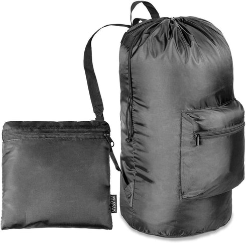 Large Laundry Bag with Adjustable Shoulder Strap - Machine Washable, Heavy Duty, Waterproof, Locking Drawstring Closure Laundry Backpack with Two Pockets for Extra Storage (Black)