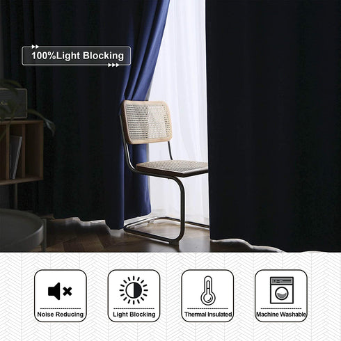CUCRAF Full Blackout Curtains for Bedroom,100% Room Darkening Curtain,Thermal Insulated Curtain Faux Linen Drapes for Living Room with Grey Coating,Set of 2 (52 x 63 inches, Navy Blue)