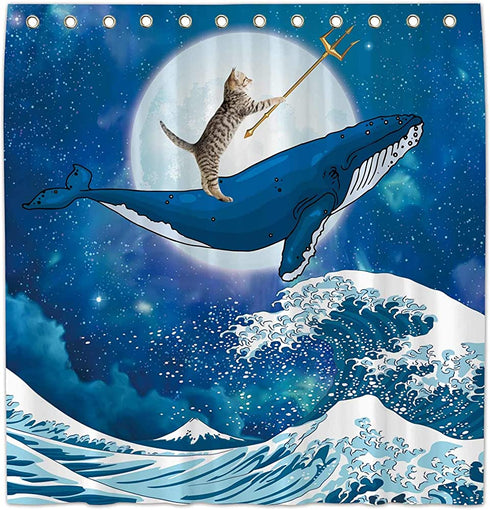 Allenjoy 72x72 Funny Cat Riding The Whale Shower Curtain for Bathroom Set Blue Sea Ocean Wave Home Bath Decors Moon Night Bathtub Decorations Durable Waterproof Fabric Machine Washable with 12 Hooks