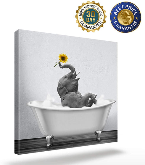 Canvas Prints Bathroom Wall Art Framed Wall Decor,Elephant with Sunflower in Bathtub Wall Painting Animal Print Artwork for Living Room Bedroom Kitchen Wall Decorations Ready to Hang 12x12in