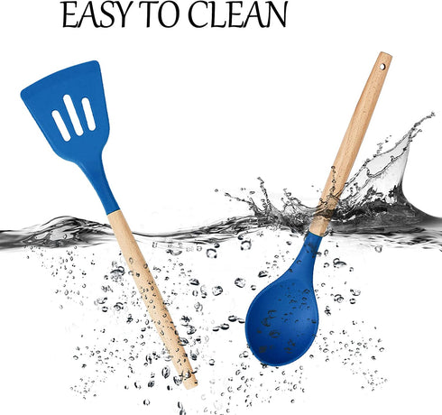 mossFlos Kitchen Cooking Utensils Set, 12 pcs Non-Stick Silicone Cooking Kitchen Utensils with Holder, Heat Resistant Kitchen Gadgets Utensil Set,Dark Blue
