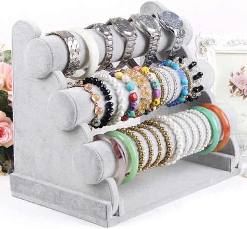 Triple Bracelet Holder Jewelry Display Stand Watch Bangle Bar Necklace Storage Organizer Gray ( Ice Velvet 3 Tier )
