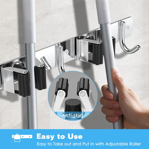 2 Pack Mop and Broom Holder Wall Mount, CVWCVBN Broom Organizer Wall Mount, Stainless Steel Broom Holder, Heavy Duty Tool Organizer, Mop Holder with 3 Racks and 4 Hooks for Home Kitchen Garden Laundry