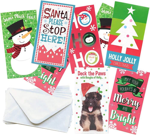 Variety Pack of 8 Fun Christmas Holiday Money Holder Cards Plus 8 Envelopes. 6 Unique Designs (and 2 random repeat designs) All In One Set