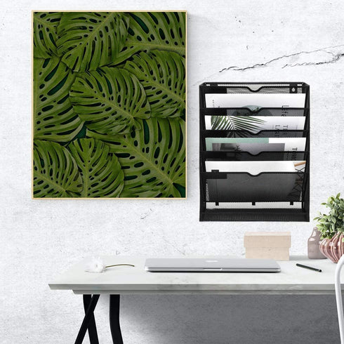 EASEPRES Mesh Wall File Organizer 5 Tier Vertical Mount Hanging Holder Magazine Rack with Bottom Flat Tray, Black