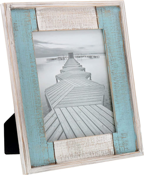 Barnyard Designs Rustic Distressed Picture Frame, 8" x 10" Wood Photo Frame in White and Turquoise