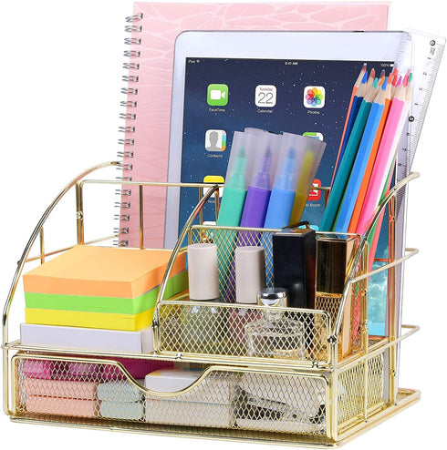 Upgraded Desk Organizer for Women, Cute Mesh Office Supplies Accessories Essentials Caddy with Drawer for Home & Office Desktop Organization & Decor, Gold