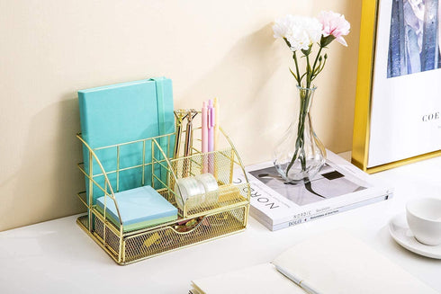 Upgraded Desk Organizer for Women, Cute Mesh Office Supplies Accessories Essentials Caddy with Drawer for Home & Office Desktop Organization & Decor, Gold