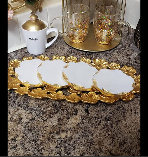 GMRS Home White Marble Handmade Coaster-Set of 4 (Round) with Gold Foiling