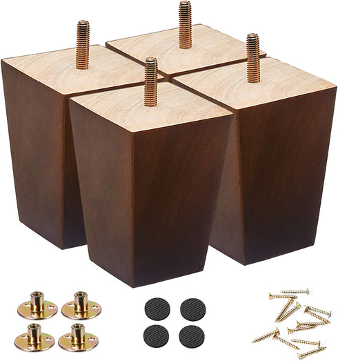 SHANJUE Wood Furniture Legs 4 inch Sofa Legs Set of 4,Square Brown Couch feet,Mid Century Chair Legs,Replacement Couch Legs, for Dresser Legs Sideboard Recliner Coffee Table