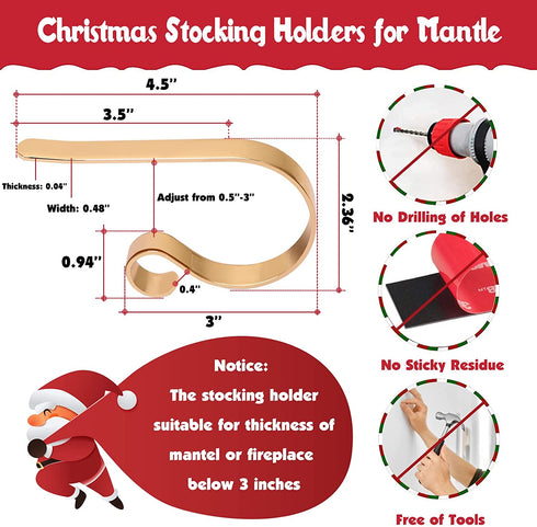Christmas Stocking Holder,4 Pack Stocking Holders for Mantle,Non-Slip Stocking Holders for Christmas Decorations,Lightweight Stocking Hangers for Mantel Fireplace with Adjustable Design,Gold