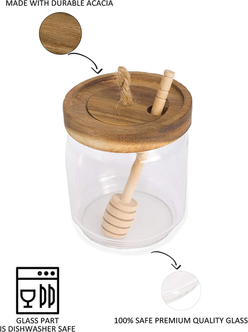 Honey Jar Pot Glass Holder Dispenser Set with Wooden Dipper Stick and Acacia Lid Cover for Home Kitchen, Clear, 14 Ounces, Modern Honey Syrup Glass Container for Storage Gift, Honey Pot and Drizzler