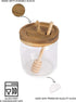 Honey Jar Pot Glass Holder Dispenser Set with Wooden Dipper Stick and Acacia Lid Cover for Home Kitchen, Clear, 14 Ounces, Modern Honey Syrup Glass Container for Storage Gift, Honey Pot and Drizzler