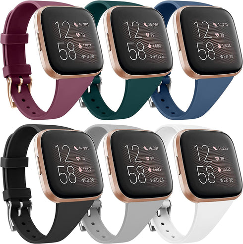6 Pack Silicone Bands Compatible with Fitbit Versa 2 Bands / Fitbit Versa Bands /Versa Lite/Versa SE, Soft Silicone Slim Narrow Replacement Wristbands for Fitbit Versa 2 Smart Watch (6 Pack D, Large)