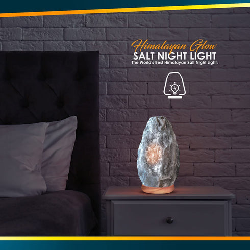Himalayan Glow Natural Grey Salt Lamp,Night Light,Hand Carved Crystal Salt Lamp with Neem Wooden Base,Salt Lamp Bulb,(ETL Certified) Dimmer Switch | 5-7 LBS (2 Extra Bulbs)