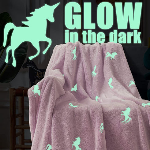 JINCHAN Flannel Throw Blanket Unicorn Soft Pink Kids Lightweight Comfy Luminious Blanket Glow in The Dark Nursery Living Room Decor Four Seasons Birthday for Girls Boys Baby 50x60 Inch