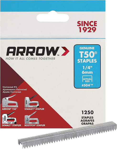 Arrow 504 Heavy Duty T50 1/4-Inch Staples for Upholstery, Construction, Furniture, Crafts, 1250-Pack