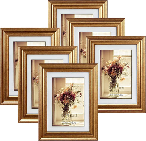 MEBRUDY 4x6 Picture Frames Set of 6, Display Pictures 4x6 with Mat or 5x7 Without Mat, Gold Photo Frames for Wall Mount or Table Top