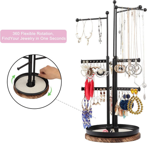 Jewelry Tower Organizer - Rotating Jewelry Tree Stand Organizer with 9 Tiers Adjustable Height Branches Display Holder for Necklace Bracelet Earring and Ring (Black)