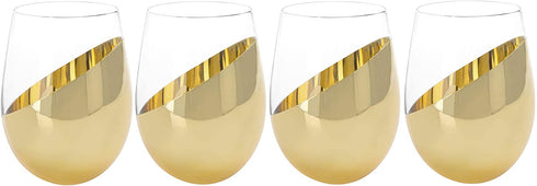 MyGift Modern Brass Accent Stemless Wine Glass Set, Red Wine Glasses Set of 4