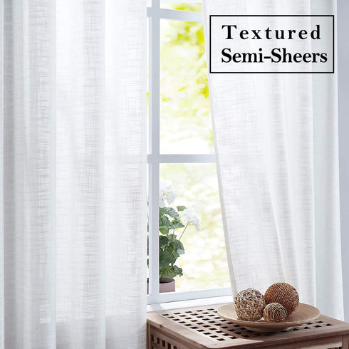 FMFUNCTEX Sheer White Curtains 45 Inch Length Linen Textured Light Filtering Semi Sheer Window Curtains for Small Window Laundry Room Bedroom Rod Pocket 2 pcs