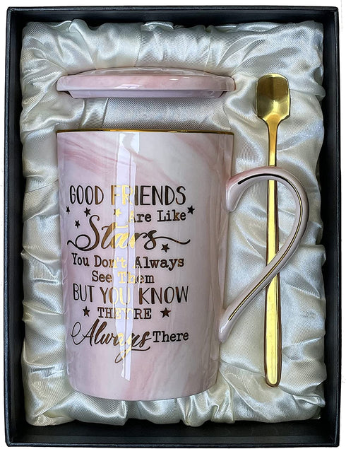 Best Friends, Friendship Gifts for Women Birthday Gifts for Women Birthday Gifts Ideas for Her, Friends Female, Besties, Sister, BFF Ceramic Marble Coffee Mug Gifts Box Printed Gold 14oz Pink