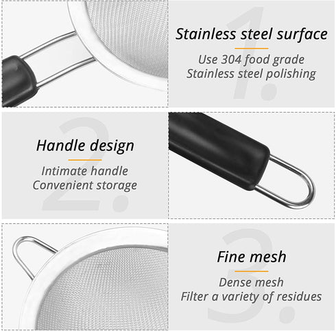 KUFUNG Stainless Steel Mesh Strainer - Strainers Fine Mesh & Wire Sieve with Non-Slip Handles - Kitchen Strainer For Sifting, Straining, & Draining (S, Black)