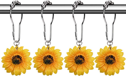 CHICTIE Sunflower Shower Curtain Hooks Rings, Yellow Flowers Decorative Shower Curtain Hooks, 12 Pcs Rustproof Shower Rings for Bathroom Set (Yellow Sunflower)